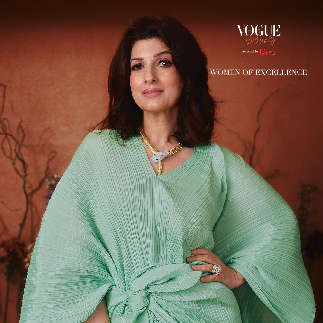 Twinkle Khanna pairs Issey Miyake pleats with a coiling Bvlgari Serpenti necklace