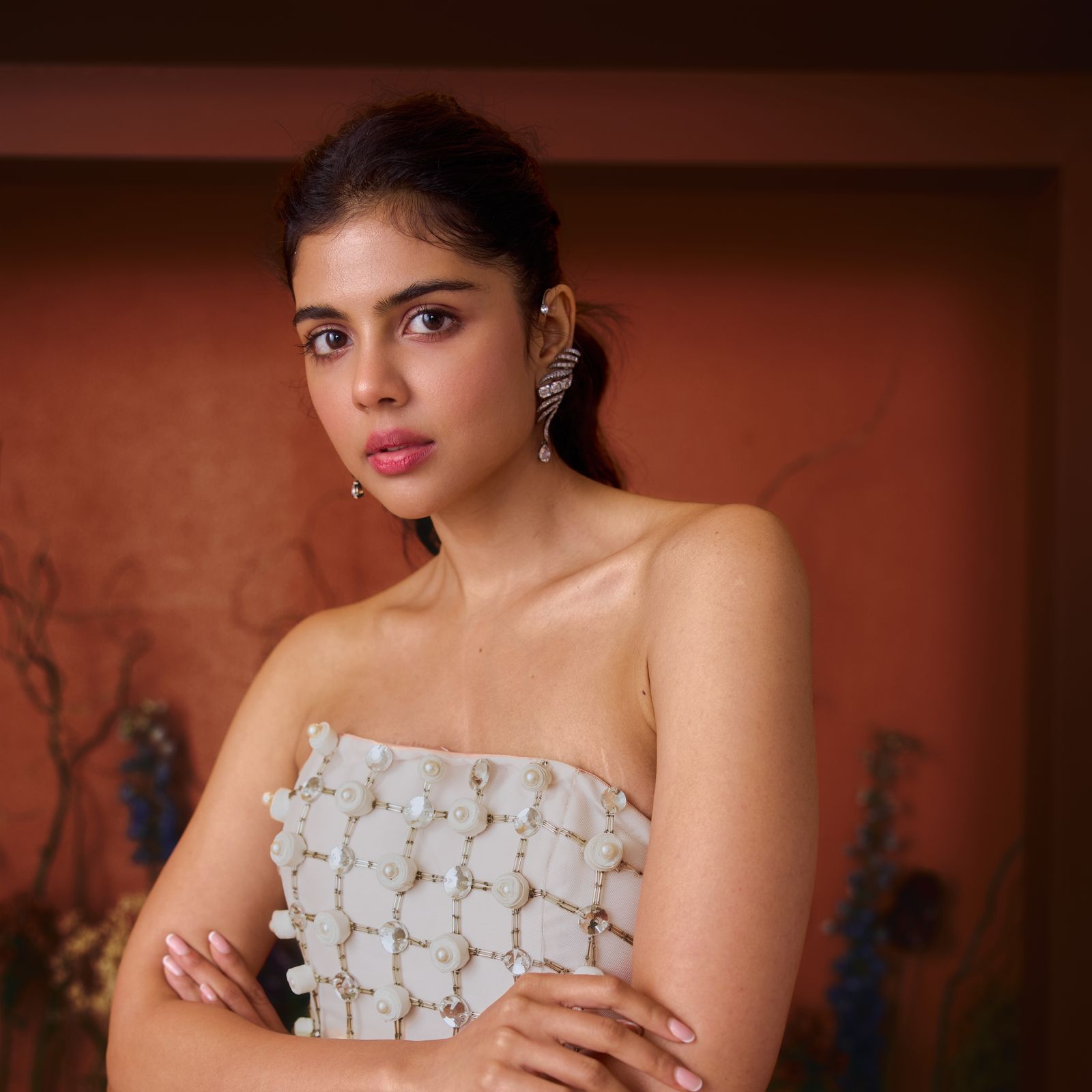 Kalyani Priyadarshan’s strapless Karleo gown is built on intricate latticework